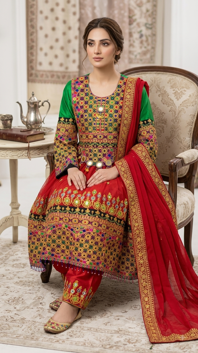 Traditional Pakistani Embroidered Afghani & Balochi Frock & Dupatta Set