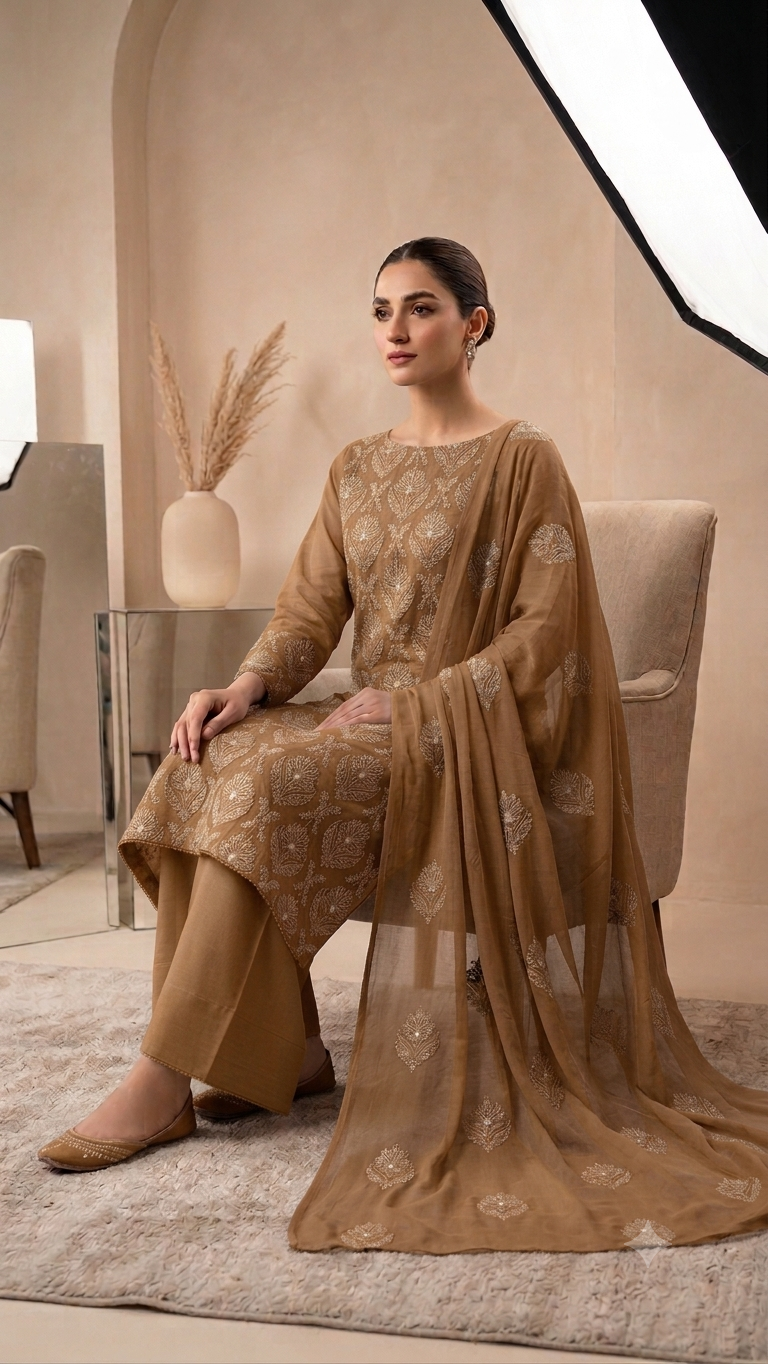 Camel Swiss Lawn 3-Piece Unstitched Suit 🤎