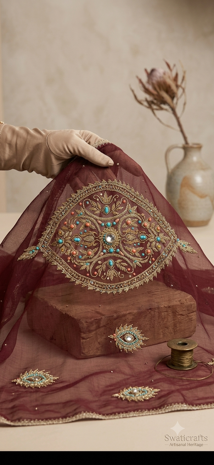 Royal Maroon Hand-Embroidered Swiss Lawn Shawl/Chadar