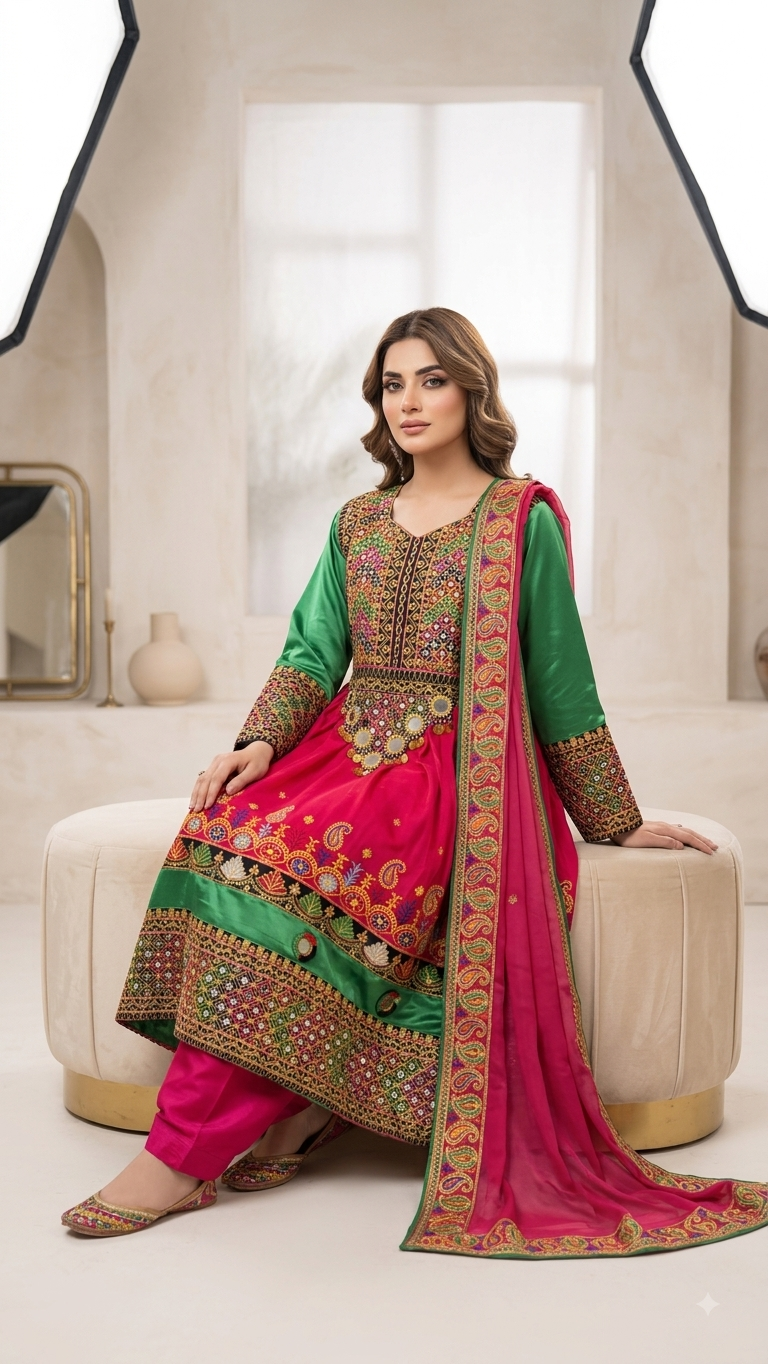 Traditional Pakistani Embroidered Afghani & Balochi Frock & Dupatta Set