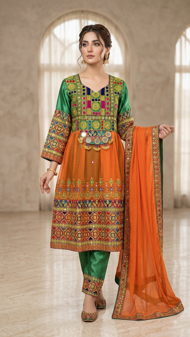 Traditional Pakistani Embroidered Afghani & Balochi Frock & Dupatta Set