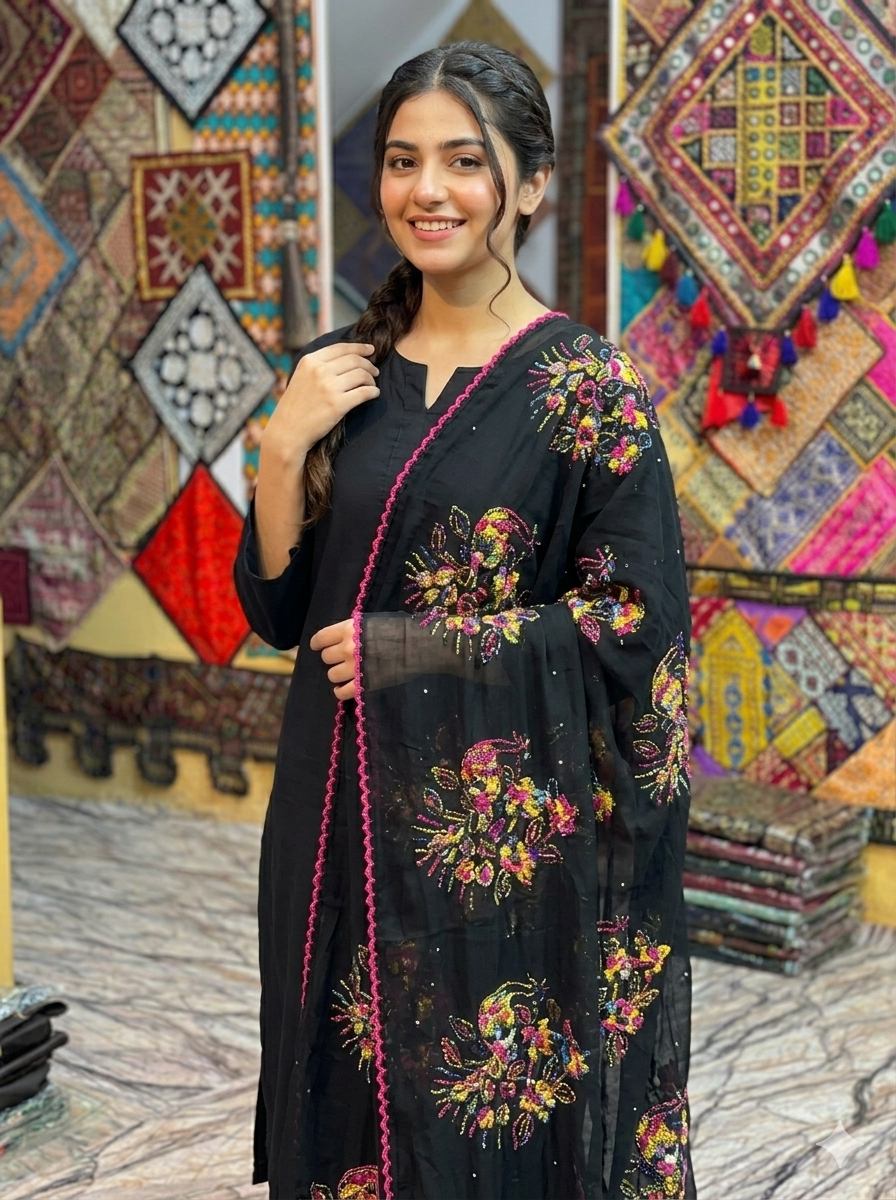 Swaticrafts SWISS LAWN Vibrant Peacock Motif Black Silk-Feel Dupatta