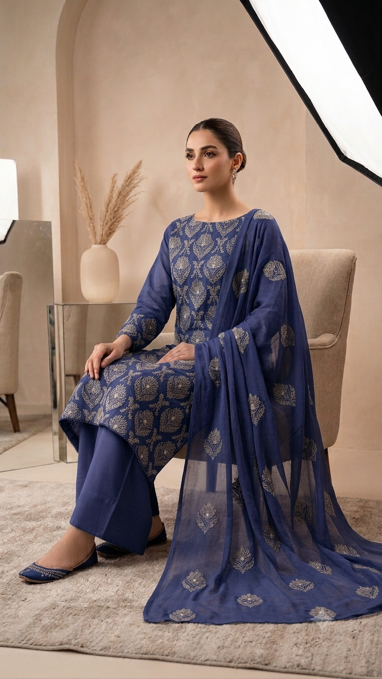 Indigo Swiss Lawn 3-Piece Unstitched Suit π