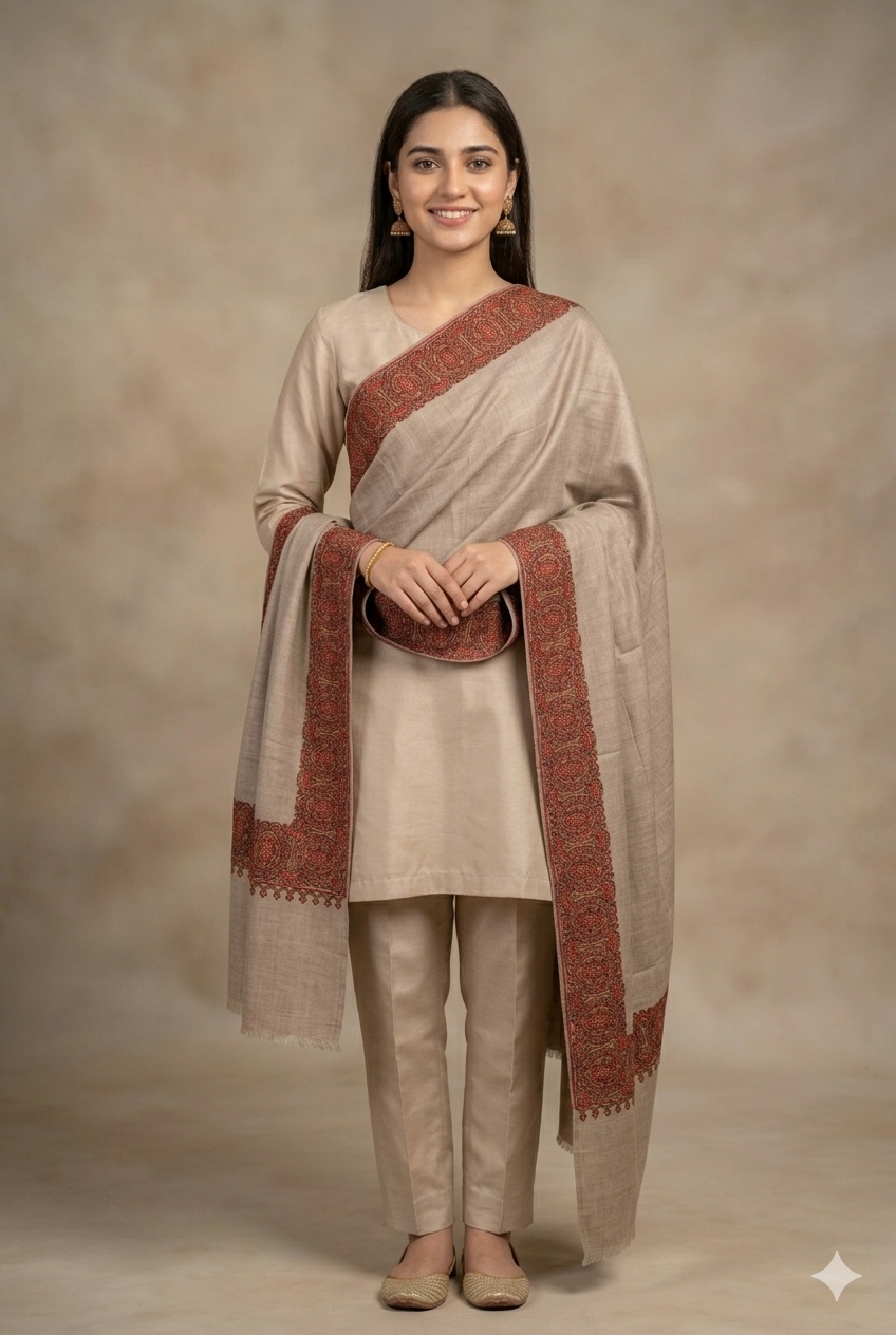 Premium Soft Pashmina Shawl with Vibrant Machine-Work Floral Detailing