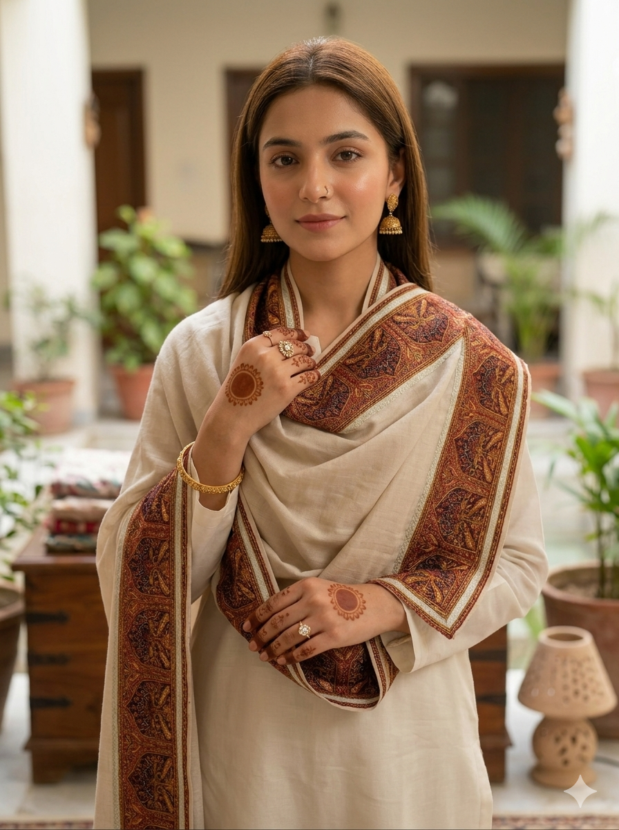Premium Soft Pashmina Shawl with Vibrant Machine-Work Floral Detailing
