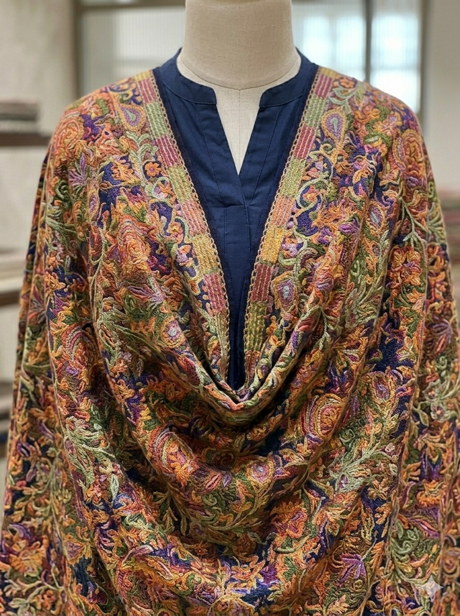 Hand-Embroidered Paisley Pashmina Shawl – Traditional Craftsmanship