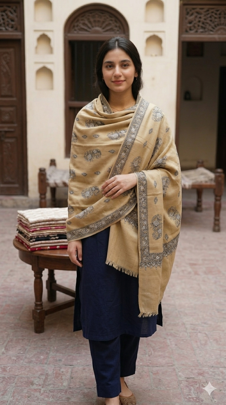 Hand-Embroidered Paisley Pashmina Shawl – Traditional Craftsmanship