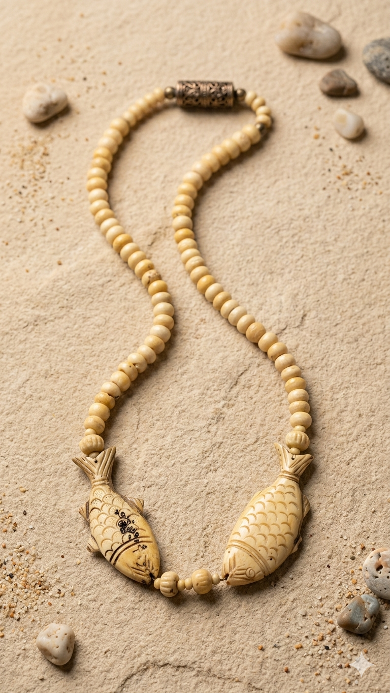 Hand-Carved Artisanal Camel Bone Fish Pendant Necklace