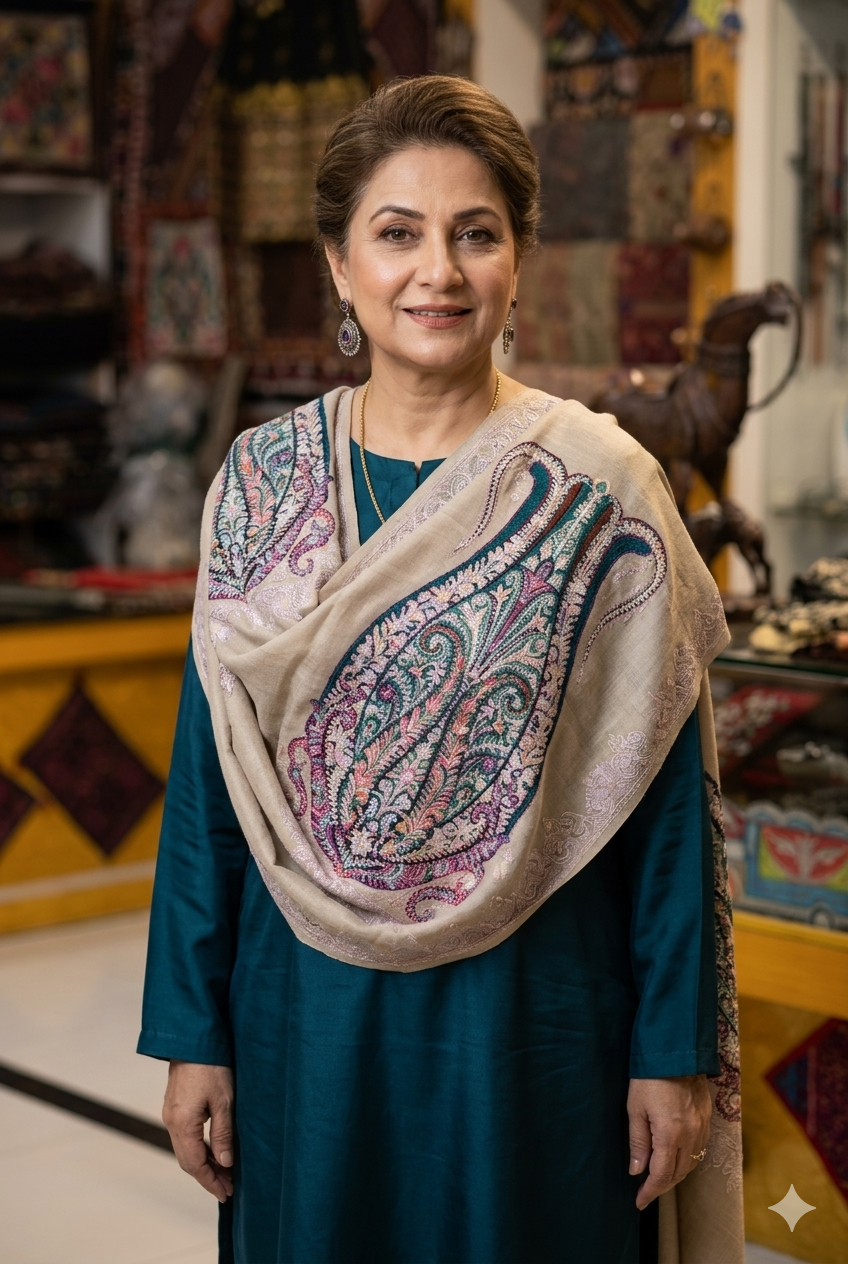 Hand-Embroidered Pure Pashmina Shawl (Chain-Stitch)