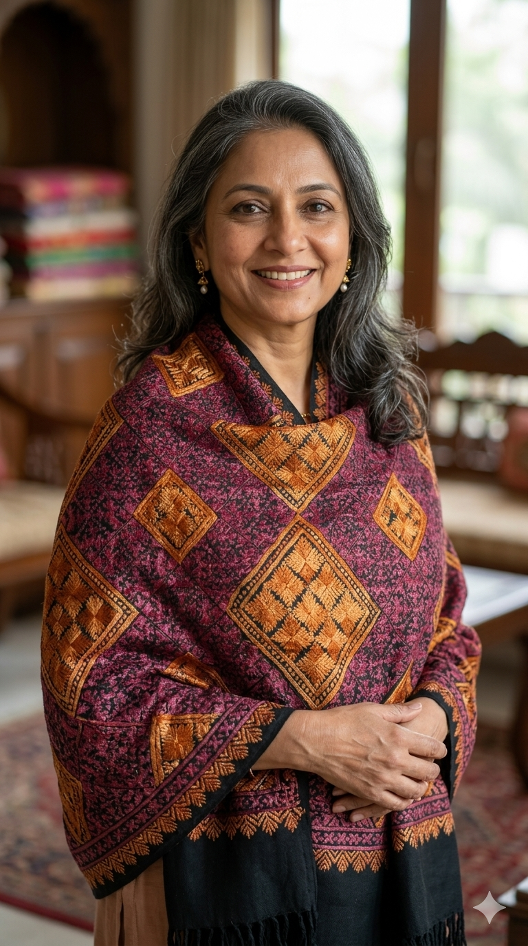 Swaticrafts Premium Hand-Embroidered Swat Phulkari Shawl – Traditional Geometric Artistry