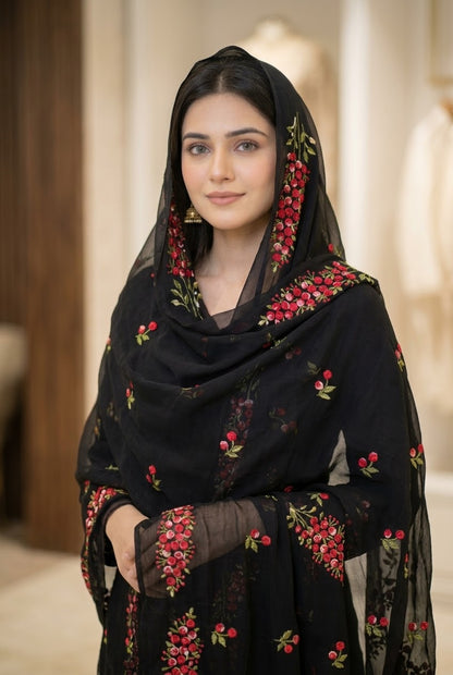 Elegant Black Floral Embroidered Shawl by Swaticrafts