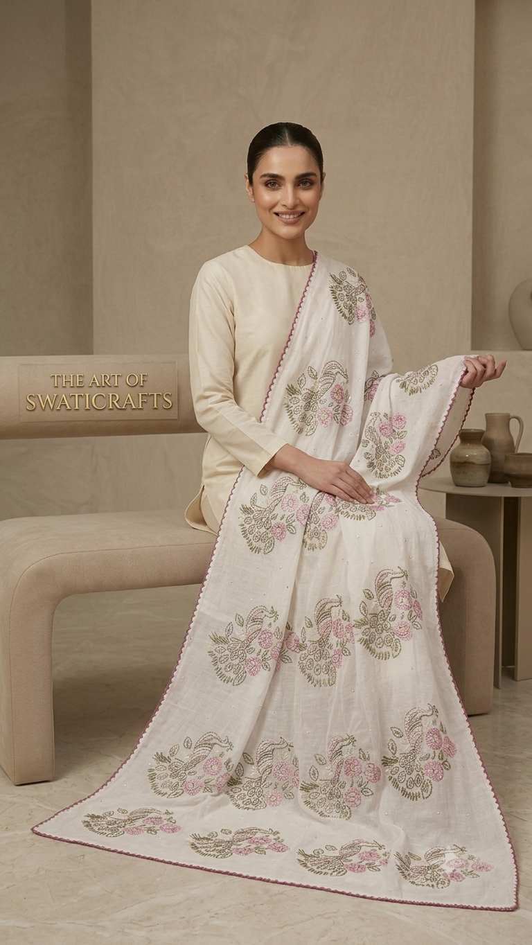 Handcrafted Floral & Peacock Embroidered Summer Swiss Lawn Wrap / Chadar