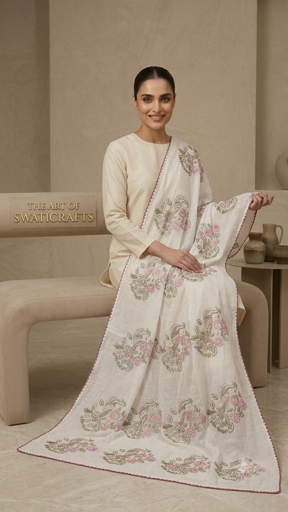 Handcrafted Floral & Peacock Embroidered Summer Swiss Lawn Wrap / Chadar