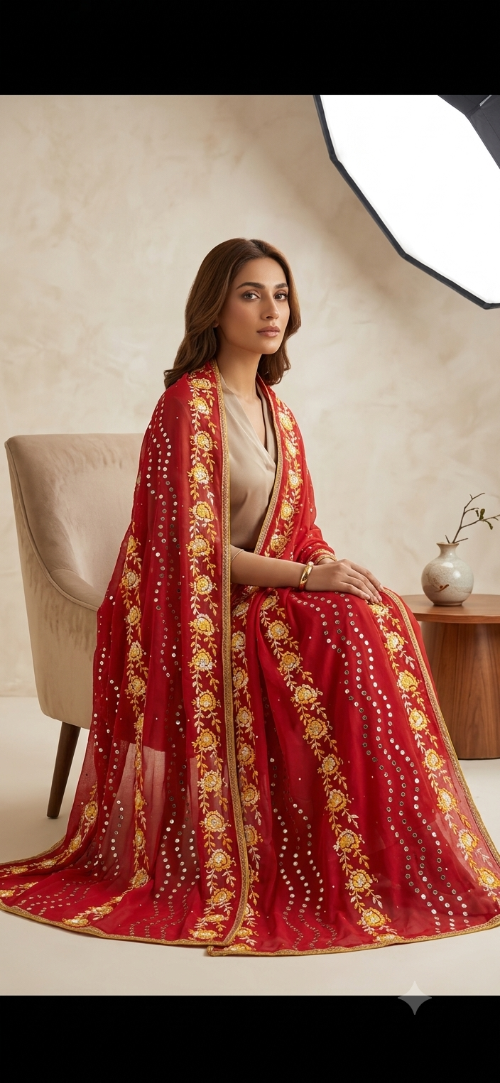 Hand-Embroidered Swiss Lawn Shawl with Mukesh Work