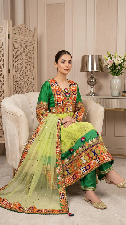 Traditional Pakistani Embroidered Afghani & Balochi Frock & Dupatta Set
