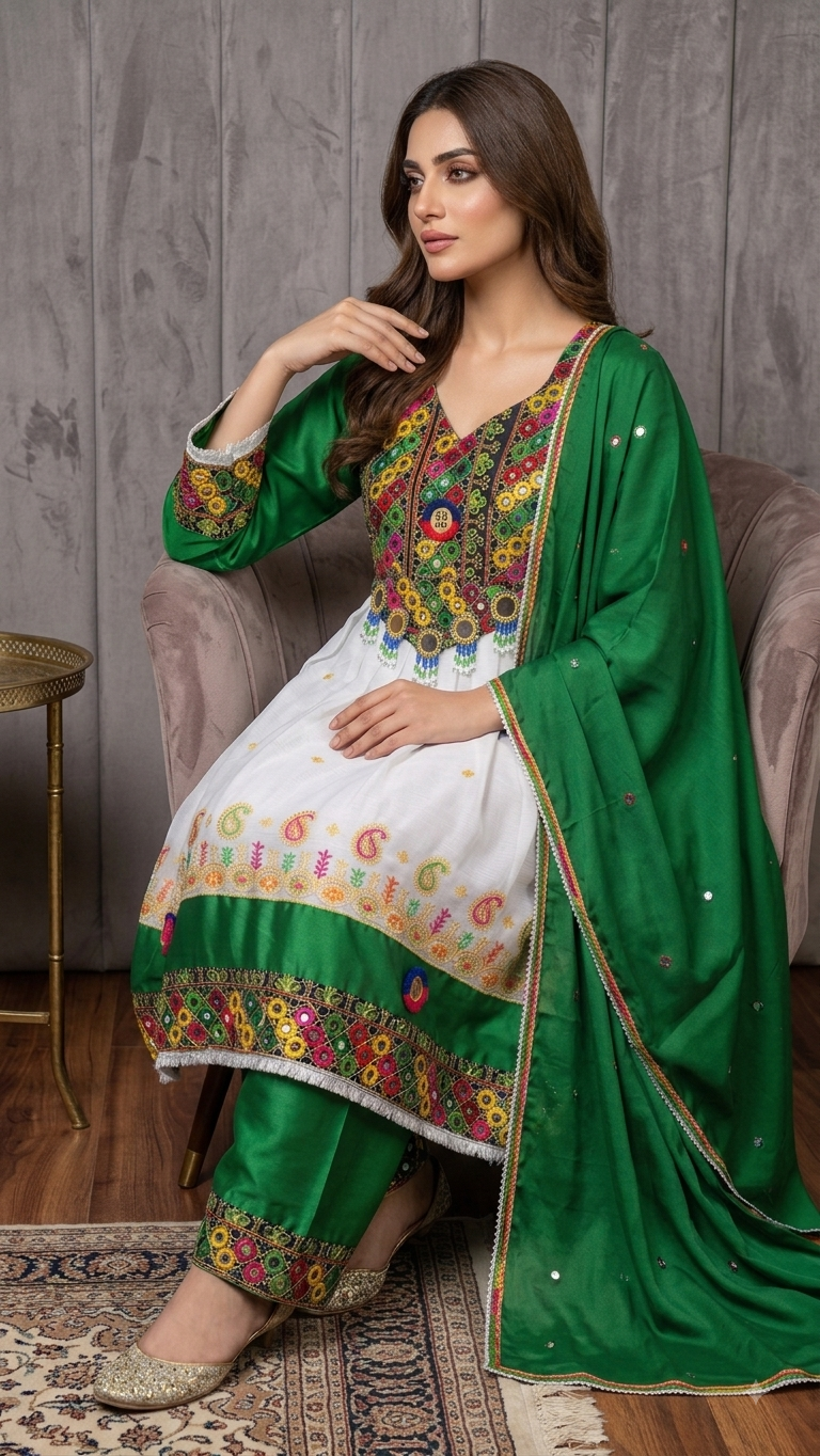 Traditional Pakistani Embroidered Afghani & Balochi Frock & Dupatta Set