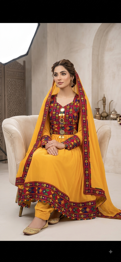 Traditional Pakistani Embroidered Afghani & Balochi Frock & Dupatta Set