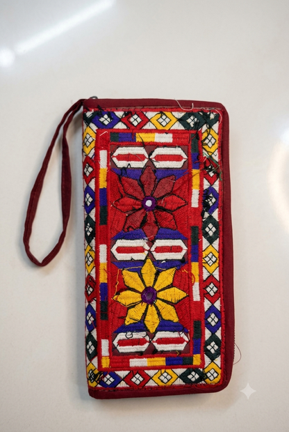 Embroidered Zip-Around Clutch Purse