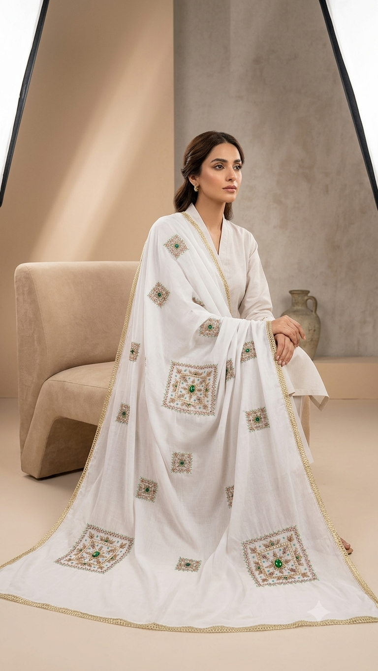 Swaticrafts Signature Hand-Embroidered Lawn Shawl/chadar