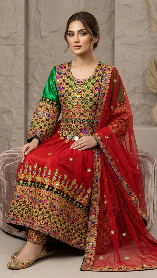 Traditional Pakistani Embroidered Afghani & Balochi Frock & Dupatta Set