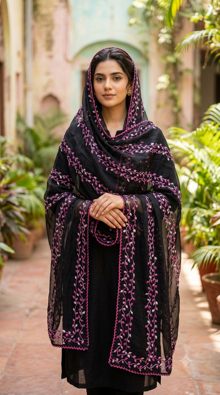 Black Summer Lawn/Chiffon Chaddar with Pink Floral Embroidery – swaticrafts