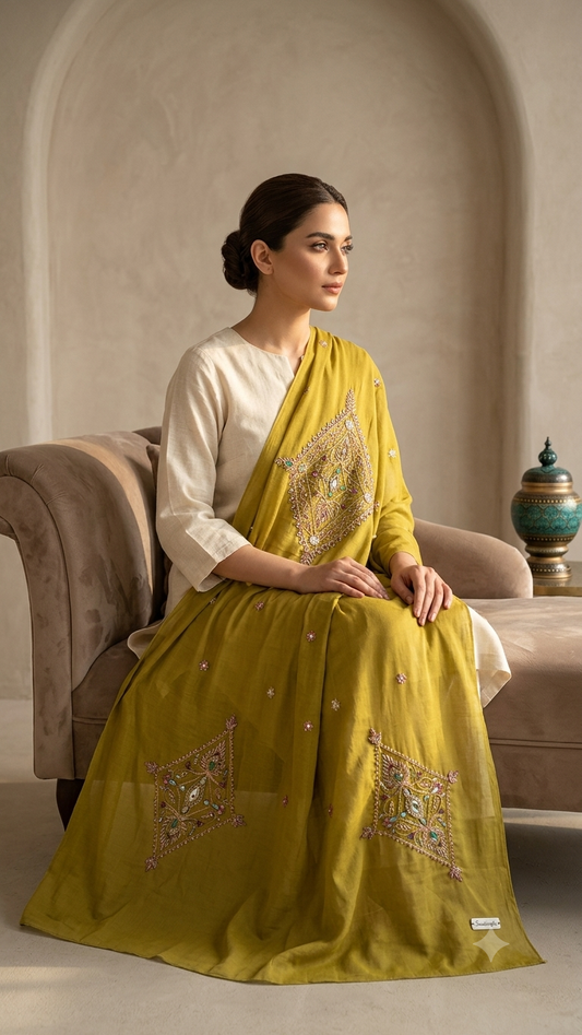 Swaticrafts – Olive Green Hand-Embroidered Swiss Lawn Chadar/wrap