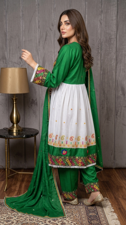 Traditional Pakistani Embroidered Afghani & Balochi Frock & Dupatta Set