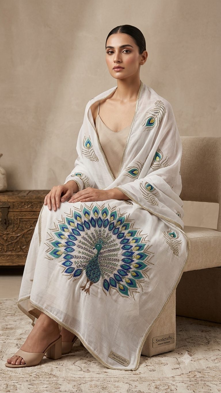 Hand-Embroidered Swiss Lawn Peacock Chadar / Dupatta