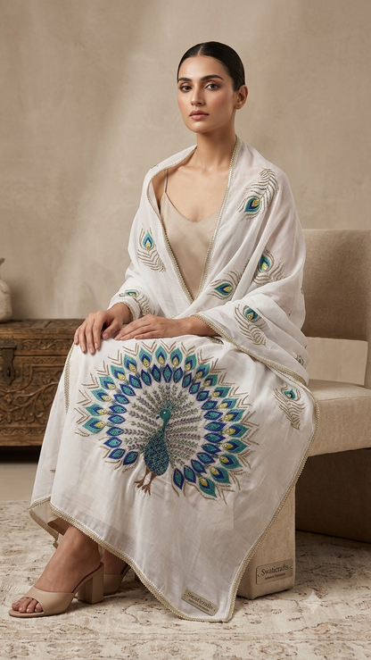 Hand-Embroidered Swiss Lawn Peacock Chadar / Dupatta