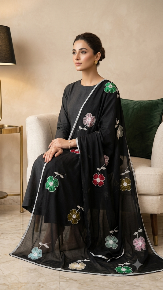 🌸 Midnight Bloom Handcrafted Chadar