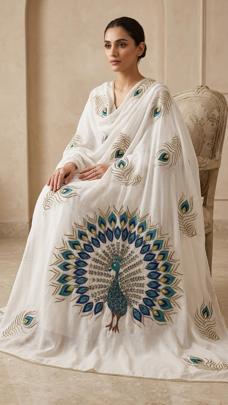 Hand-Embroidered Swiss Lawn Peacock Chadar / Dupatta