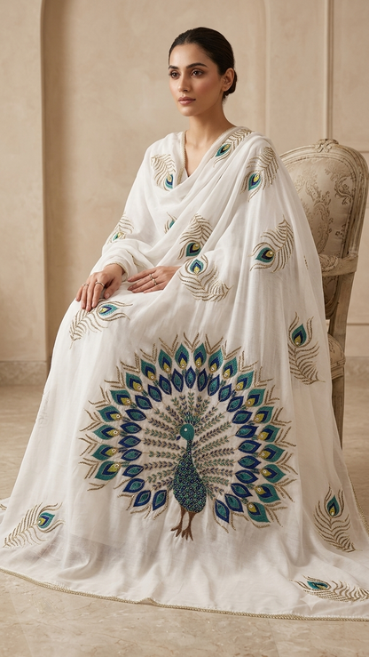Hand-Embroidered Swiss Lawn Peacock Chadar / Dupatta