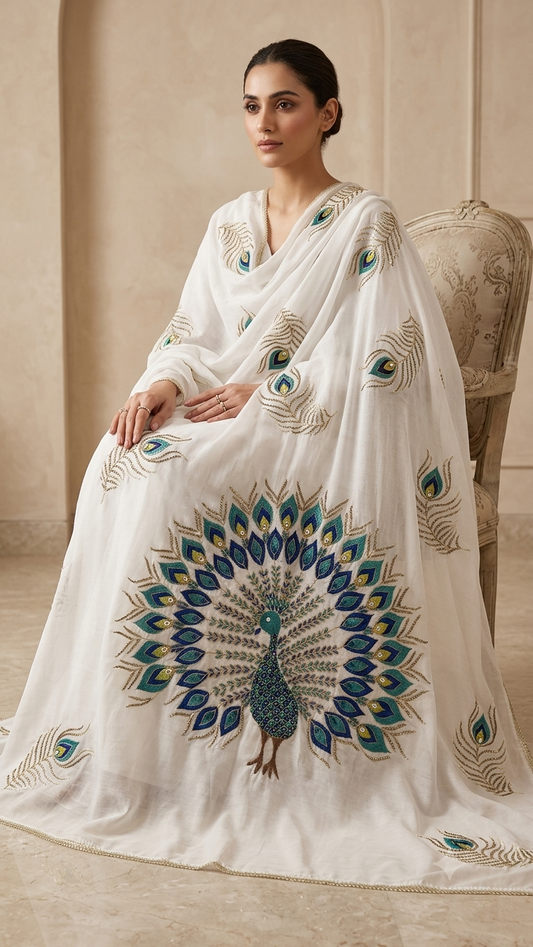 Hand-Embroidered Swiss Lawn Peacock Chadar / Dupatta