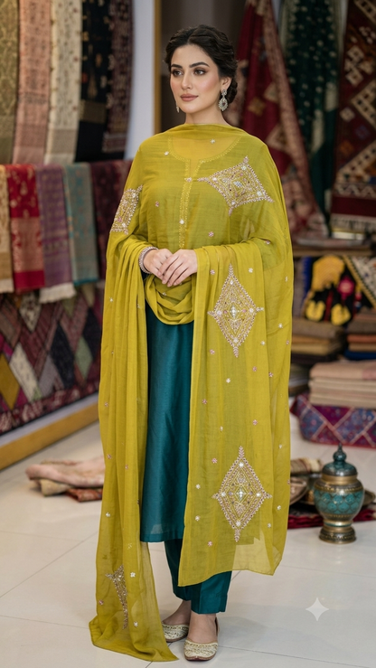 Swaticrafts – Olive Green Hand-Embroidered Swiss Lawn Chadar/wrap