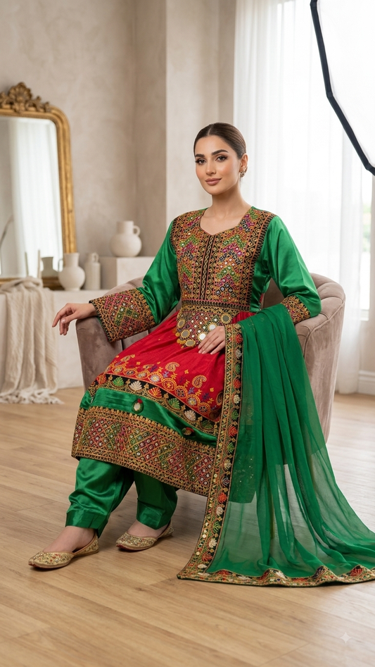 Traditional Pakistani Embroidered Afghani & Balochi Frock & Dupatta Set