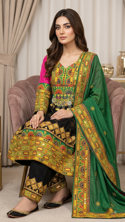 Traditional Pakistani Embroidered Afghani & Balochi Frock & Dupatta Set