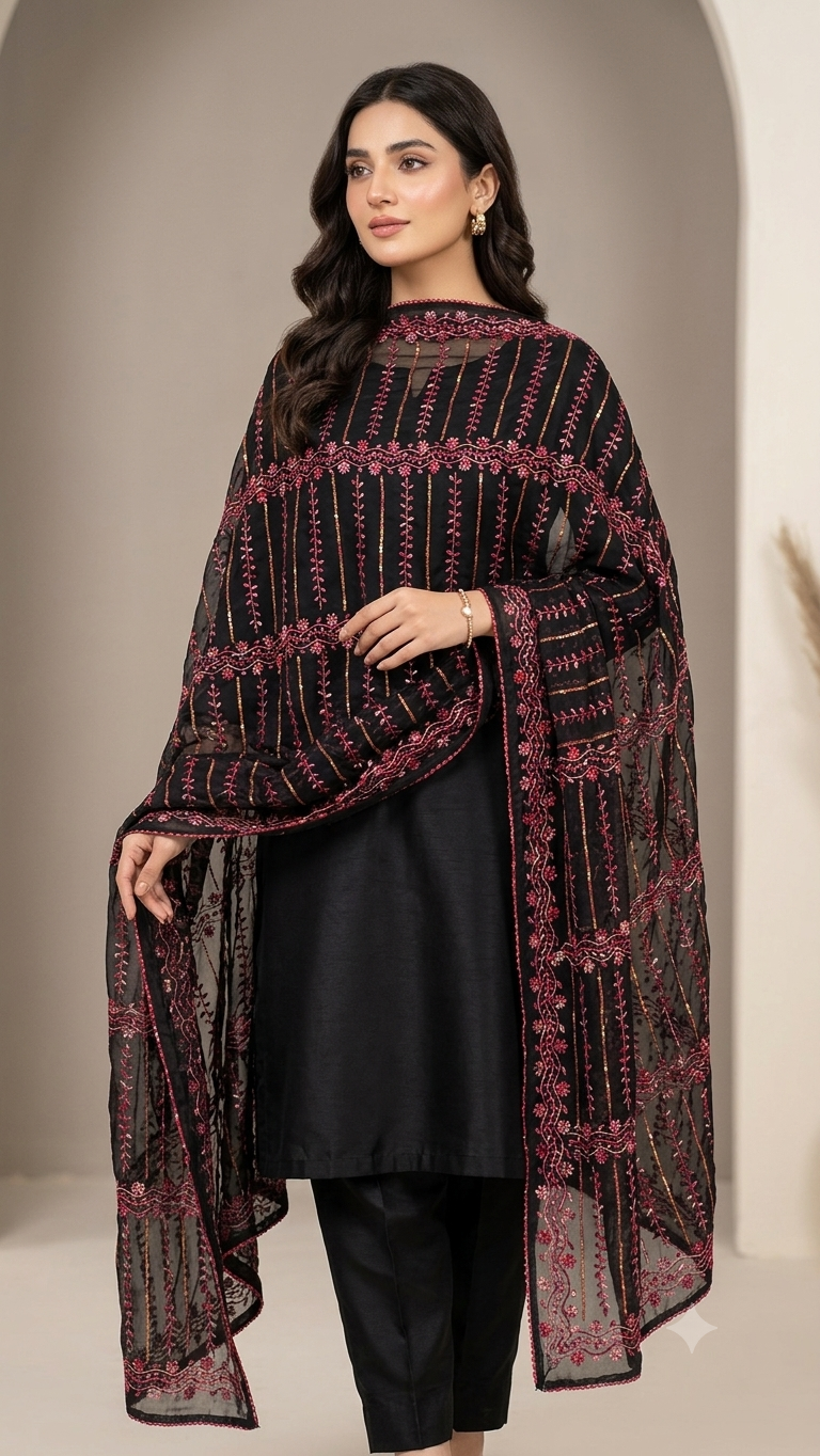 Black Embroidered Summer Chadar