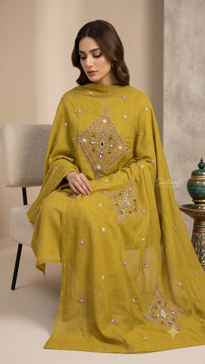 Swaticrafts – Olive Green Hand-Embroidered Swiss Lawn Chadar/wrap