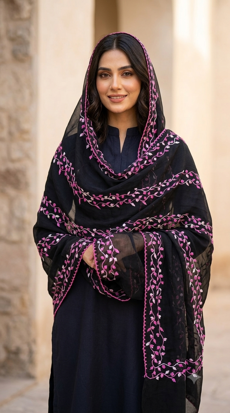 Black Summer Lawn/Chiffon Chaddar with Pink Floral Embroidery – swaticrafts