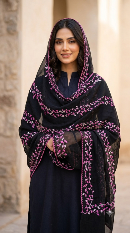 Black Summer Lawn/Chiffon Chaddar with Pink Floral Embroidery – swaticrafts