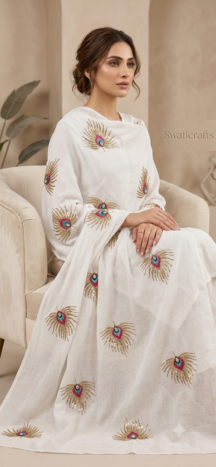 The Royal Peacock Motif Hand-Embroidered Swiss Lawn Chadar