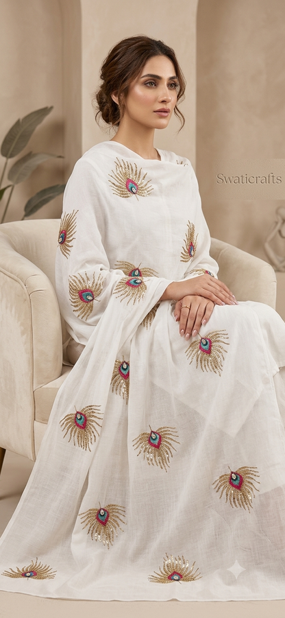 The Royal Peacock Motif Hand-Embroidered Swiss Lawn Chadar