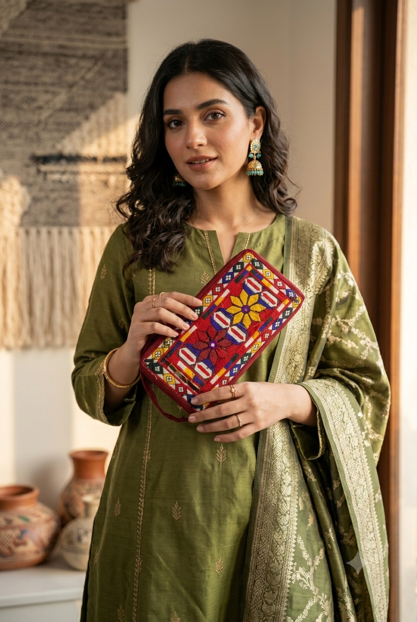 Embroidered Zip-Around Clutch Purse