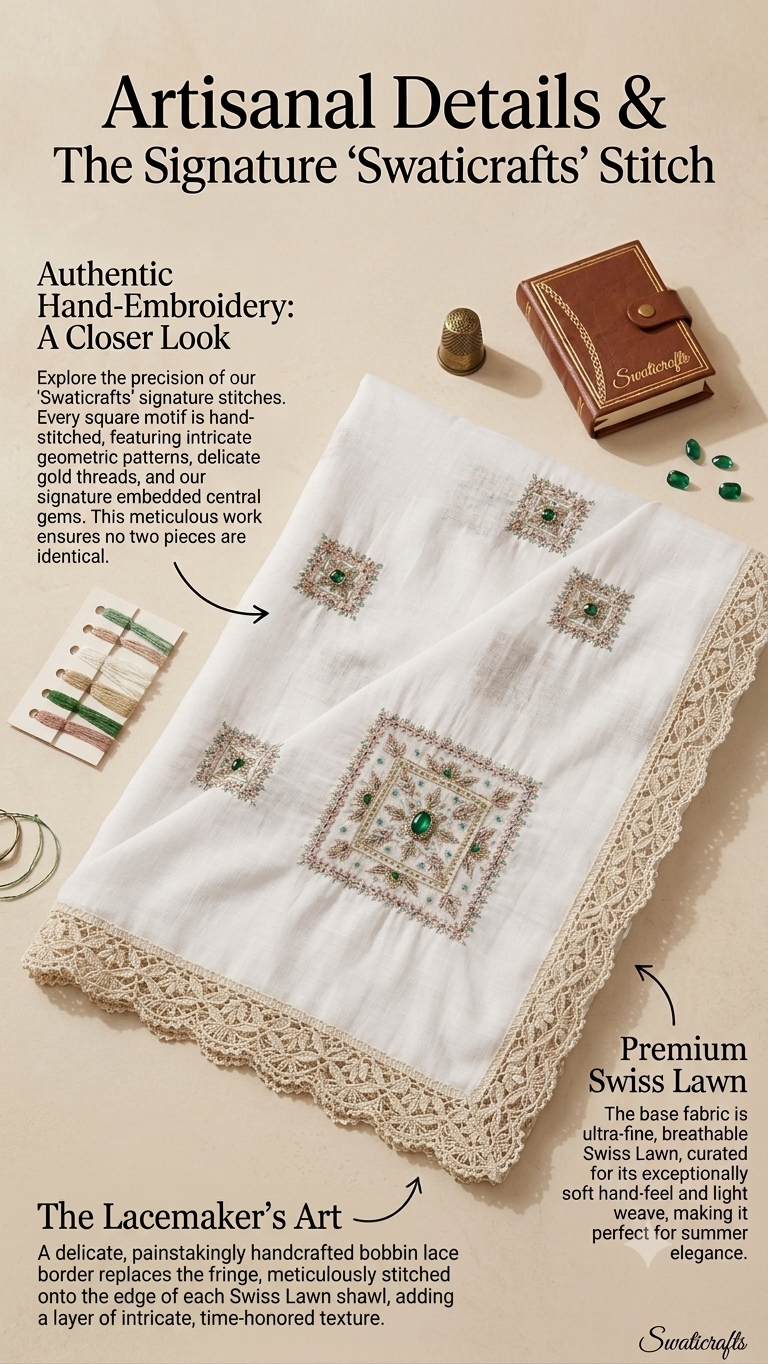 Swaticrafts Signature Hand-Embroidered Lawn Shawl/chadar
