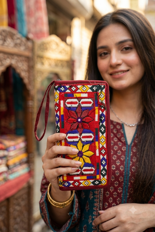 Embroidered Zip-Around Clutch Purse
