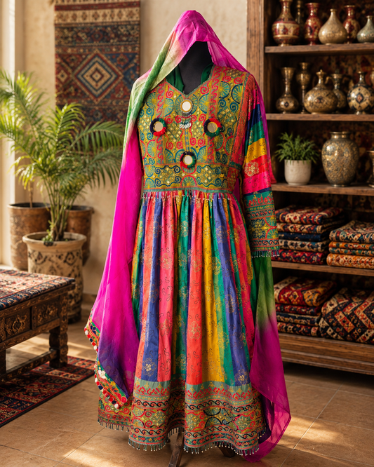 Traditional Pakistani Embroidered Afghani Frock & Dupatta Set