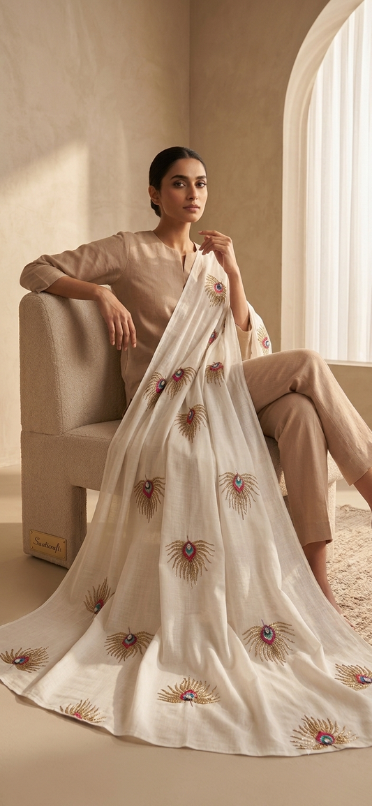 The Royal Peacock Motif Hand-Embroidered Swiss Lawn Chadar