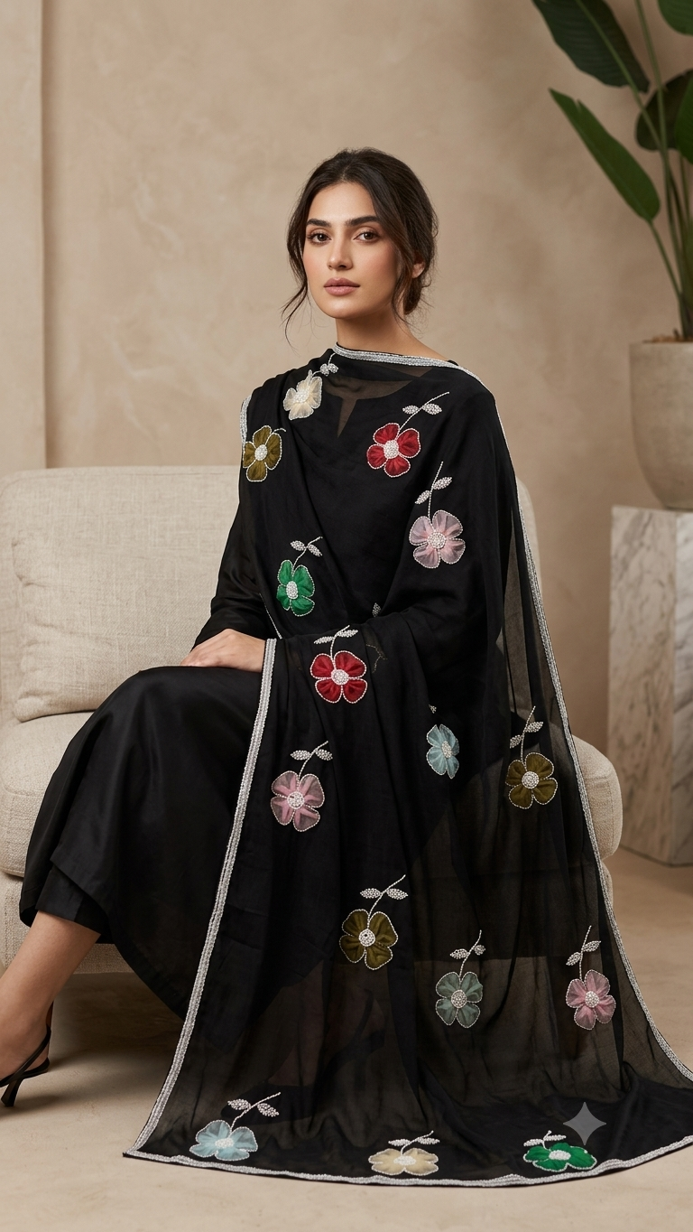 🌸 Midnight Bloom Handcrafted Chadar
