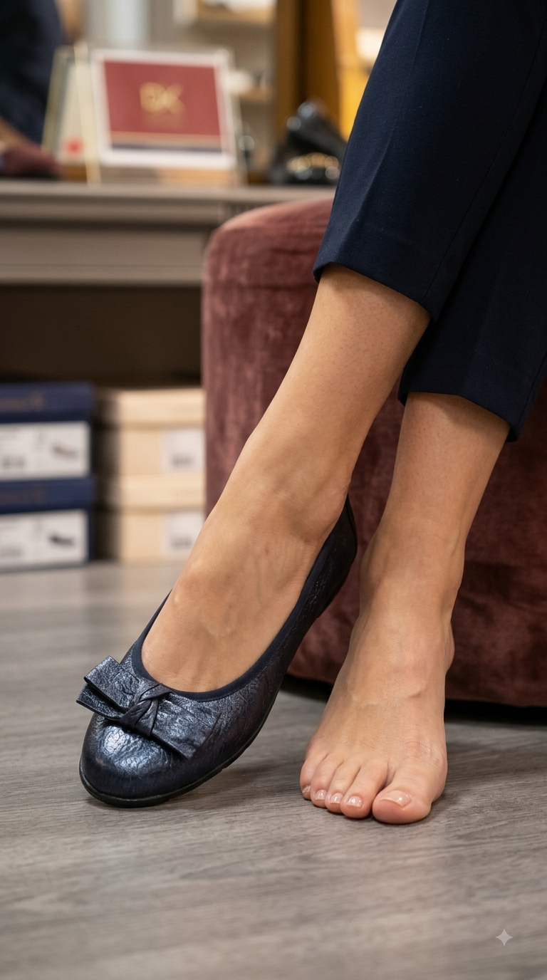 Women’s Navy Metallic Textured Leather Ballet Flats with Front Bow Accent
