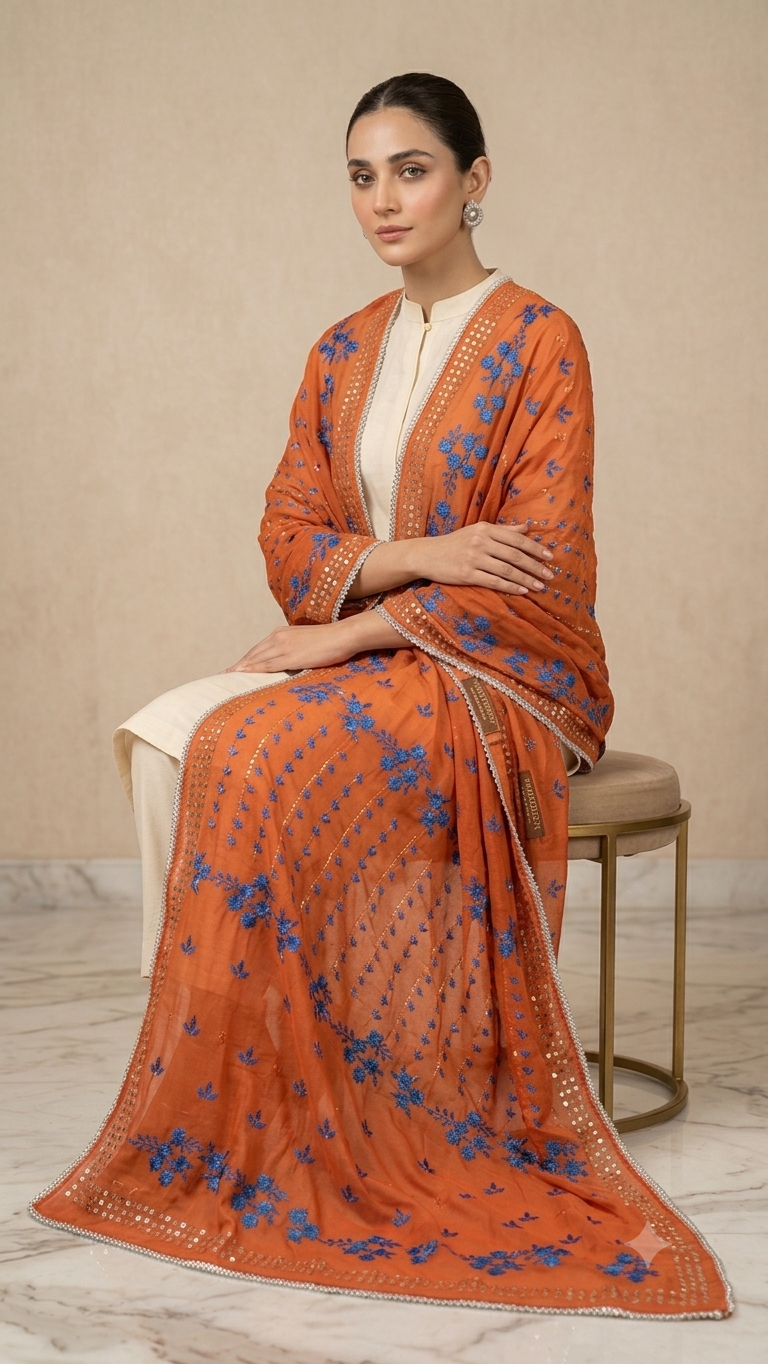 Signature Hand-Embroidered Mukesh Lawn Dupatta Chadar